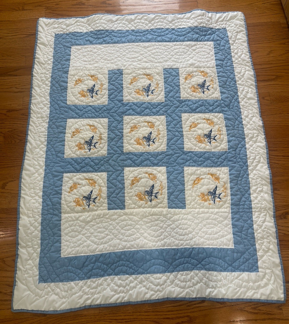 Hand Quilted Bluebird Blanket Throw Quilt Wall Hanging Embroidered 43x53 Blue