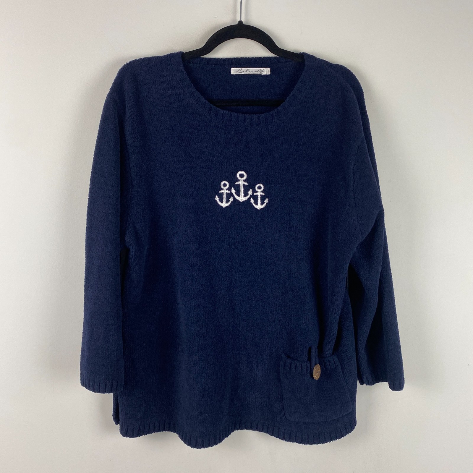 Lulu-B Anchor Embroidered Chenille Sweater Size XL Navy Blue Nautical Anchors