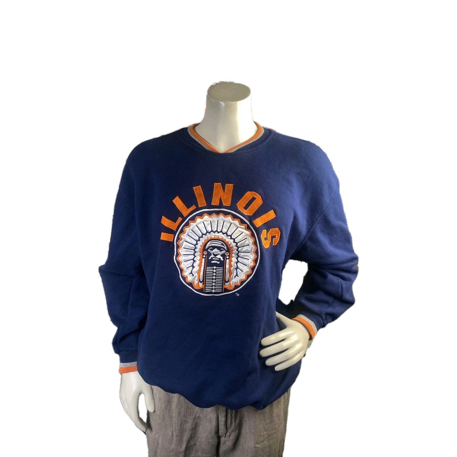 Vintage Starter Illinois Fighting Illini Navy Sweatshirt Mens L Chief 90s RARE