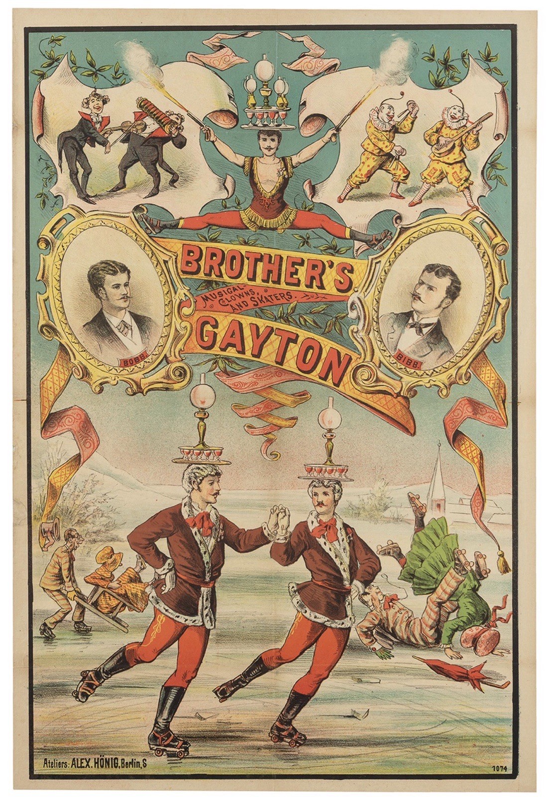 Antique 19th C. Brothers Gayton Roller Skating Circus Poster Lithograph Comedy
