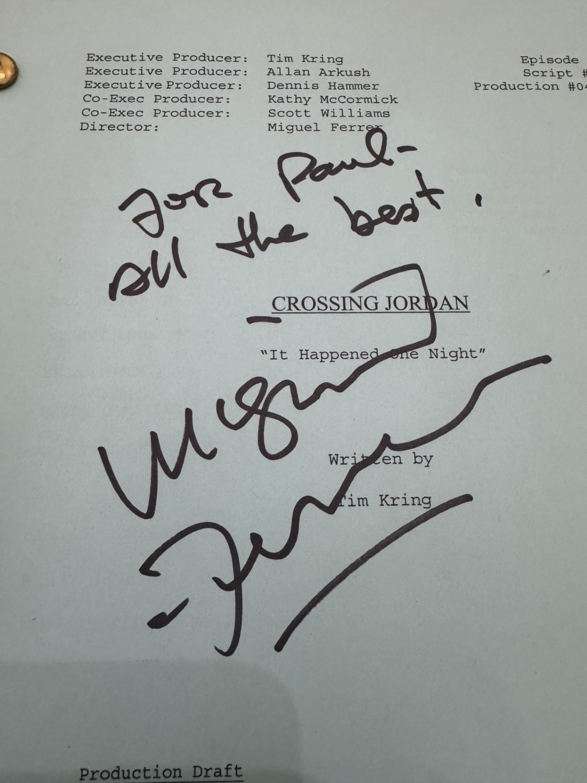 CROSSING JORDAN Jill Hennessy Director Chair Back - Miguel Ferrer Signed Script