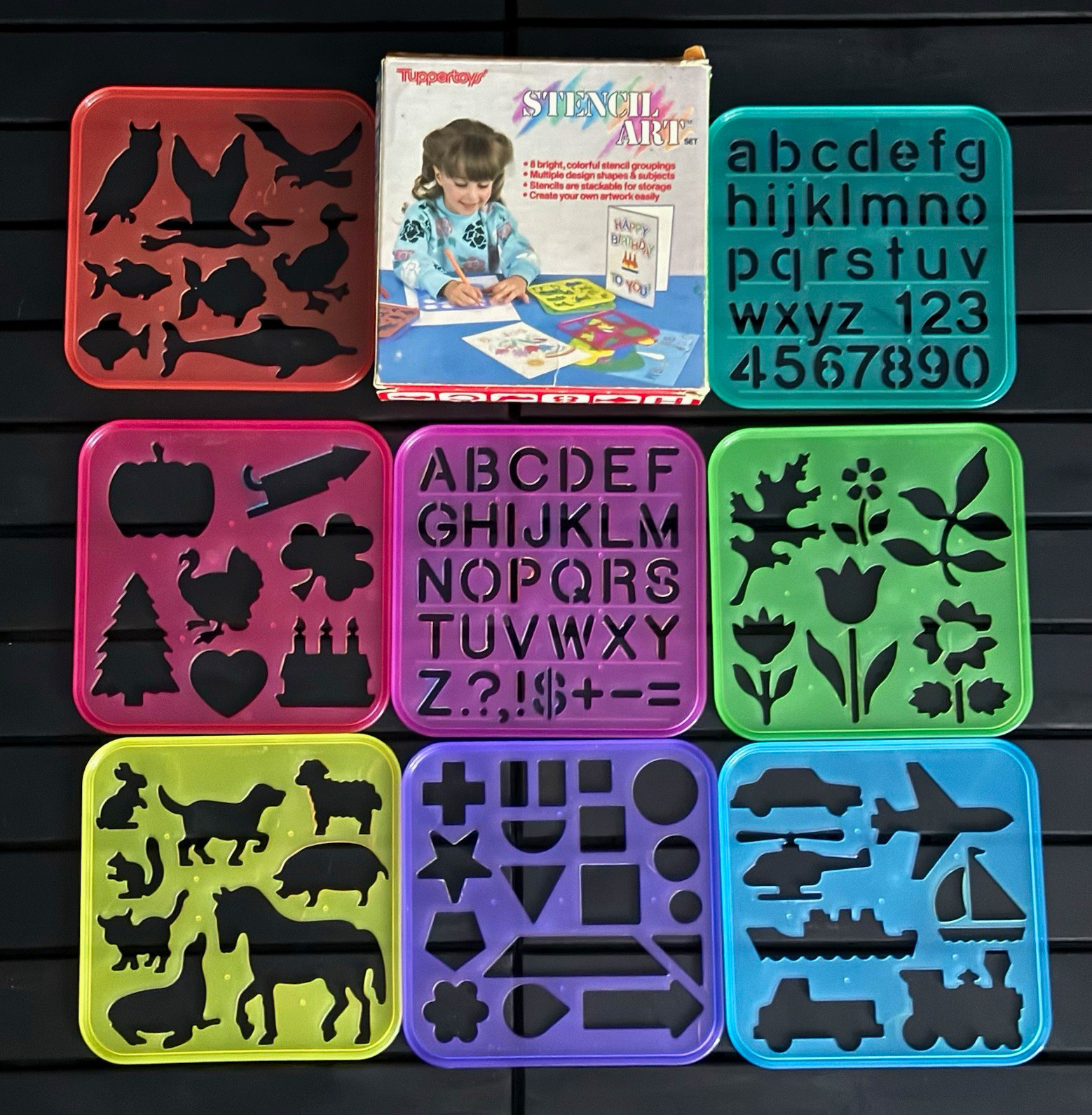 Vintage 1987 Tupperware Tuppertoys Stencil Art Set 8 Stencils Original Box