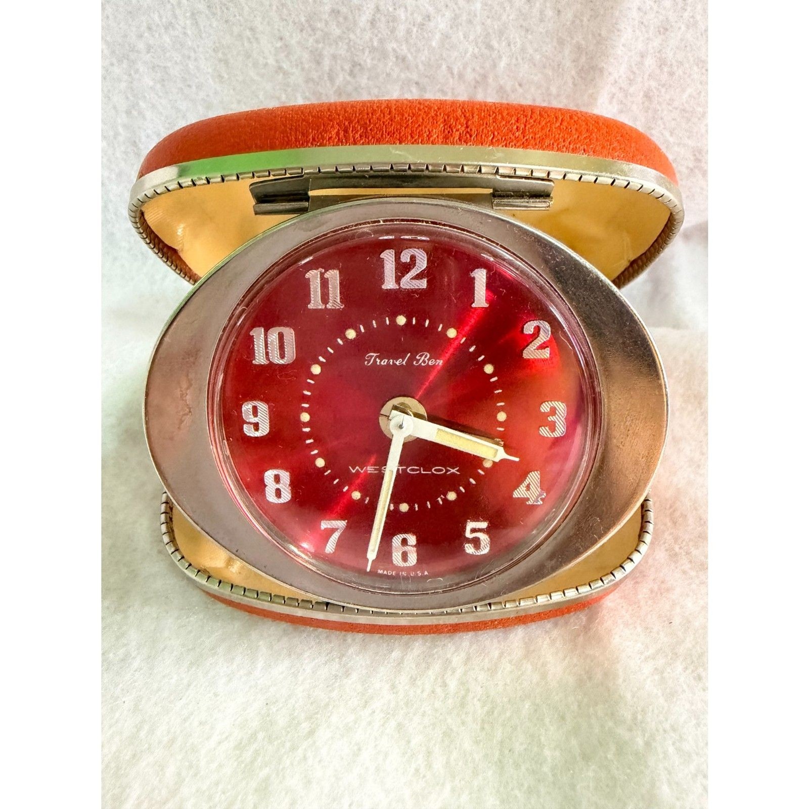 Vintage Westclox Travel Ben Alarm Clock Red Face, Folding Case Mid Century WORKS Vintage Westclox Travel Ben Alarm Clock Red Face, Folding Case Mid Century WORKS