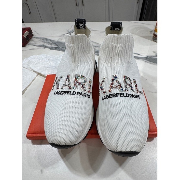 Karl Lagerfeld Paris Knit Sneakers Kids 8 White Good Rhinestone Pearl Logo