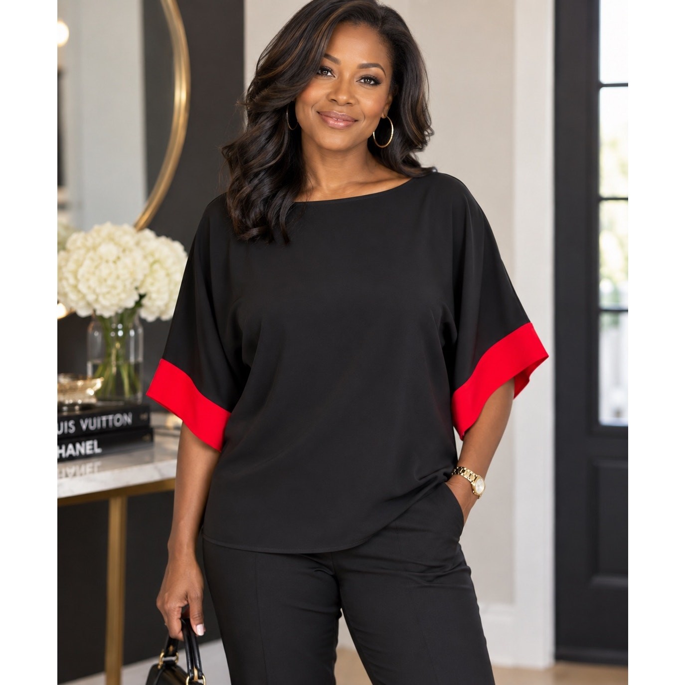 Lauren Ralph Lauren Black Red Colorblock Dolman Sleeve Blouse Top L 12-14 Lauren Ralph Lauren Black Red Colorblock Dolman Sleeve Blouse Top L 12-14