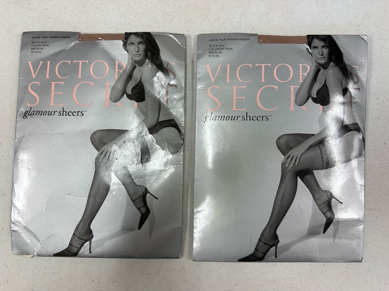 2 Vintage Victoria\'s Secret Glamour Sheers Lace Top Thigh Highs Medium Buff Pink