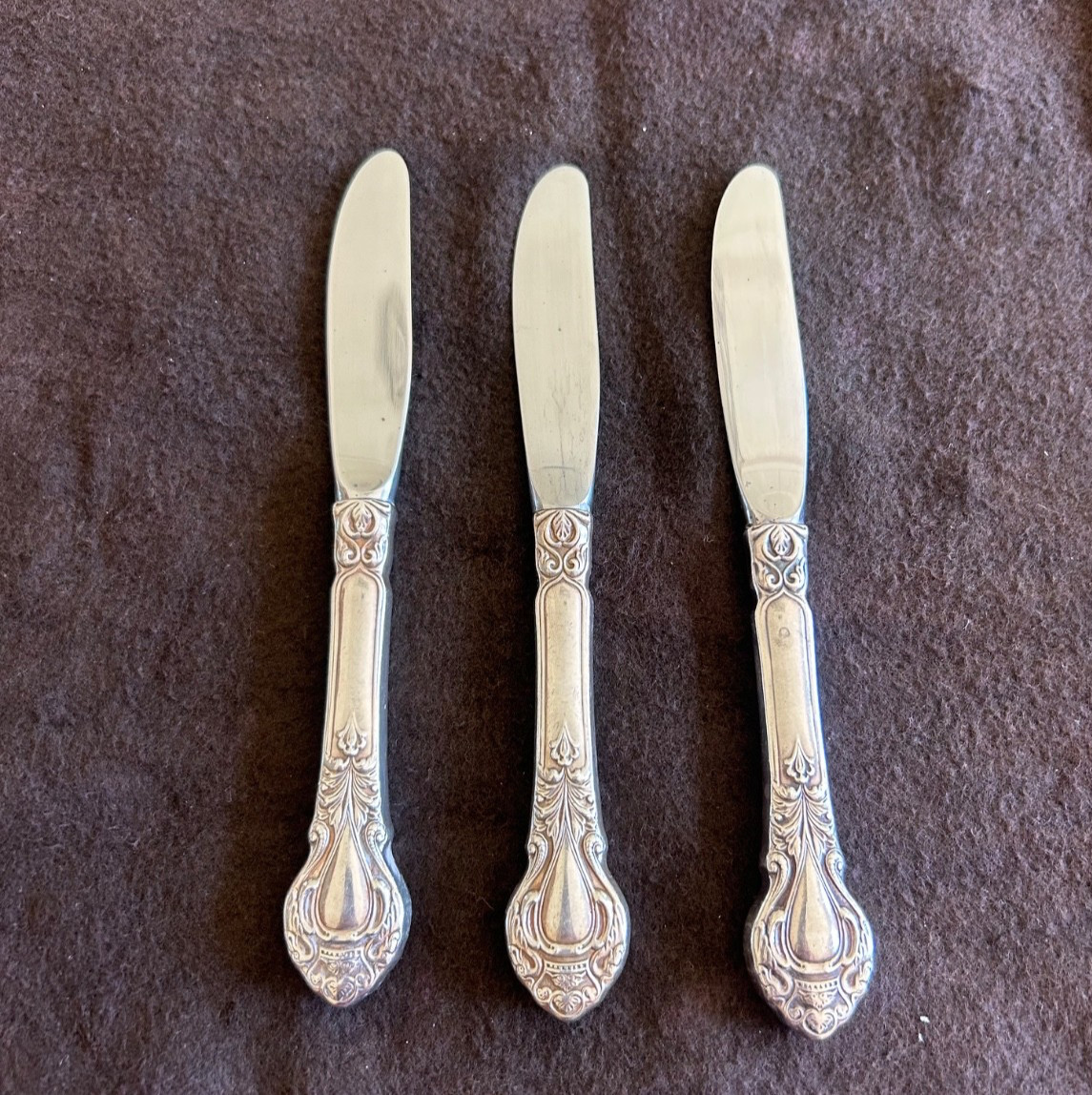 Stieff Royal Dynasty Sterling Handle Butter Knives Set of 3 Vintage 6.5\ Stieff Royal Dynasty Sterling Handle Butter Knives Set of 3 Vintage 6.5\