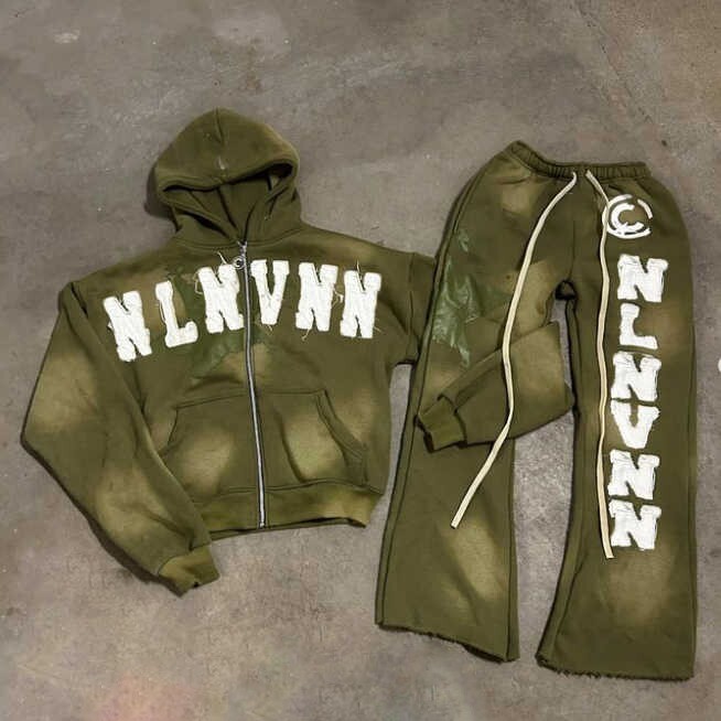 Mens 2 Piece Distressed Tracksuit Set Long Sleeve Jacket Pants Sweatsuit Outfits