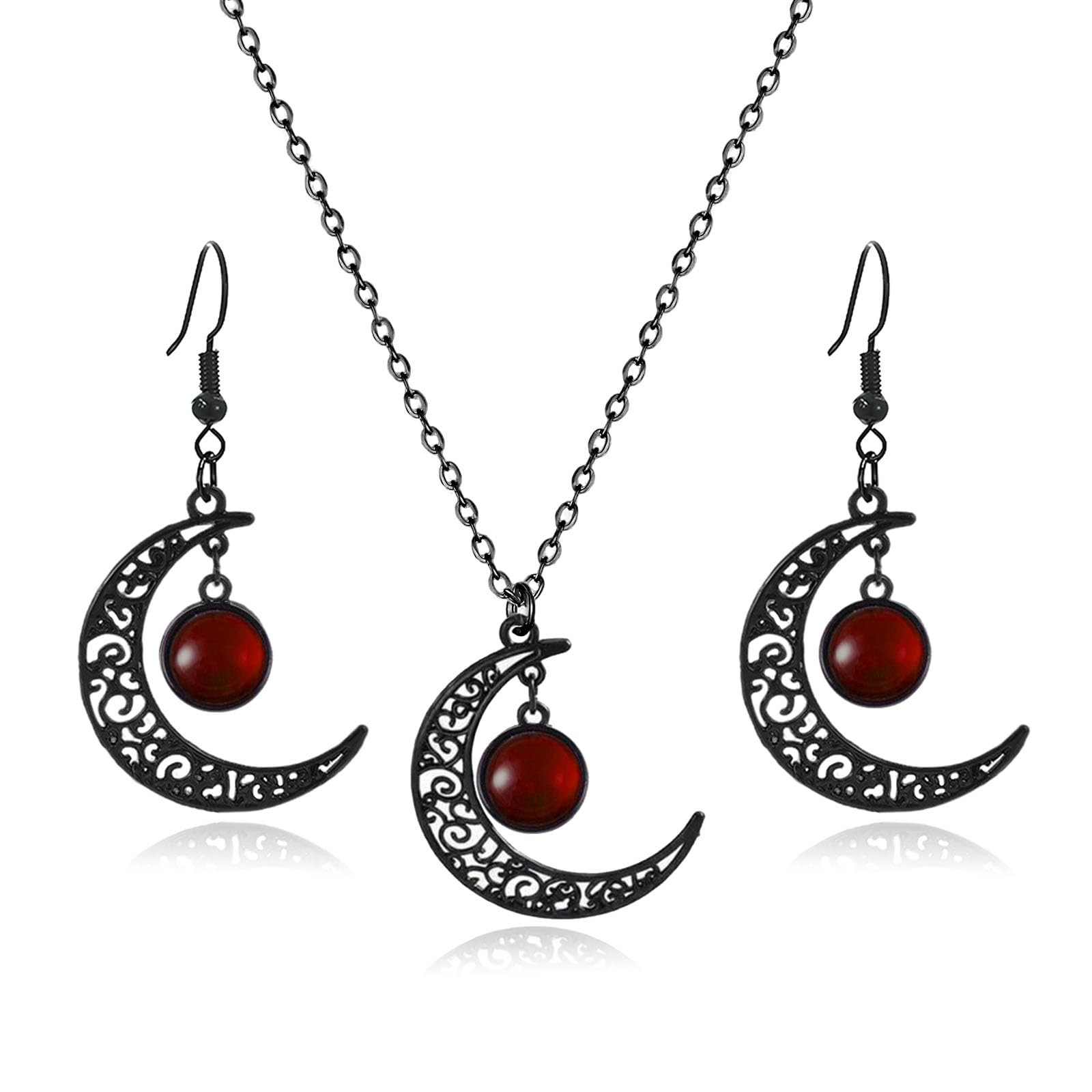 WCRAZYE Gothic Black Moon Necklaces Earrings for Women Vintage Medium, Red WCRAZYE Gothic Black Moon Necklaces Earrings for Women Vintage Medium, Red