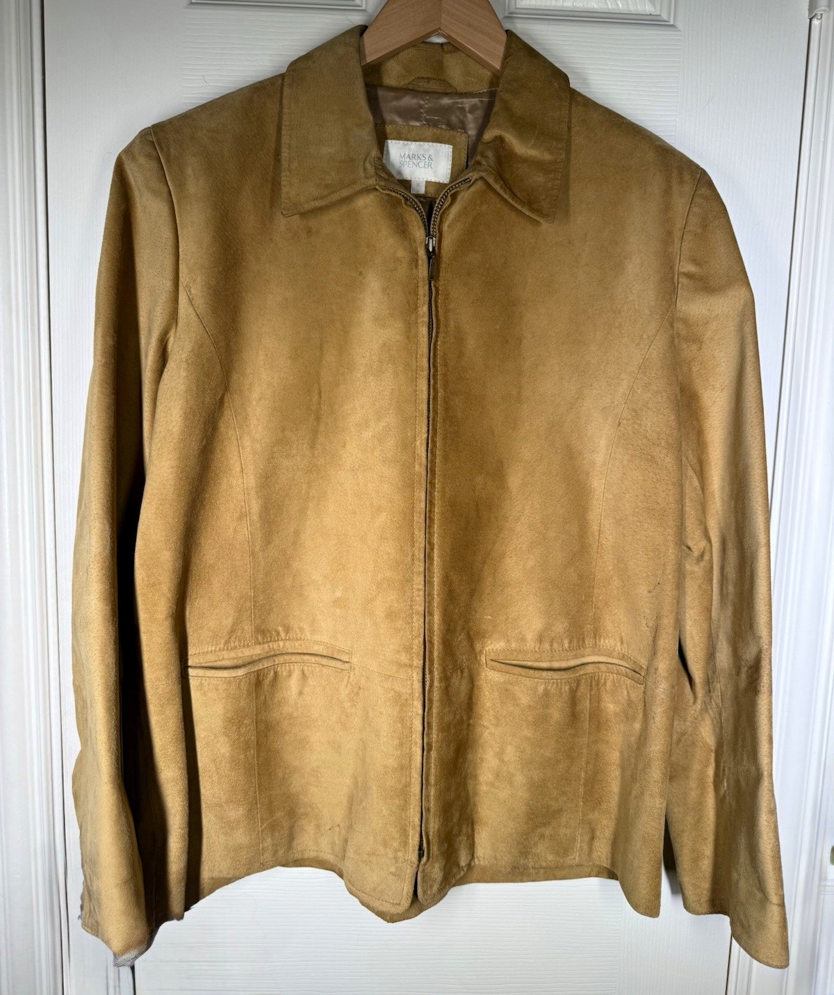 Vintage Y2K Marks & Spencer Beige Suede Full Zip Lined Collared Jacket Sz L