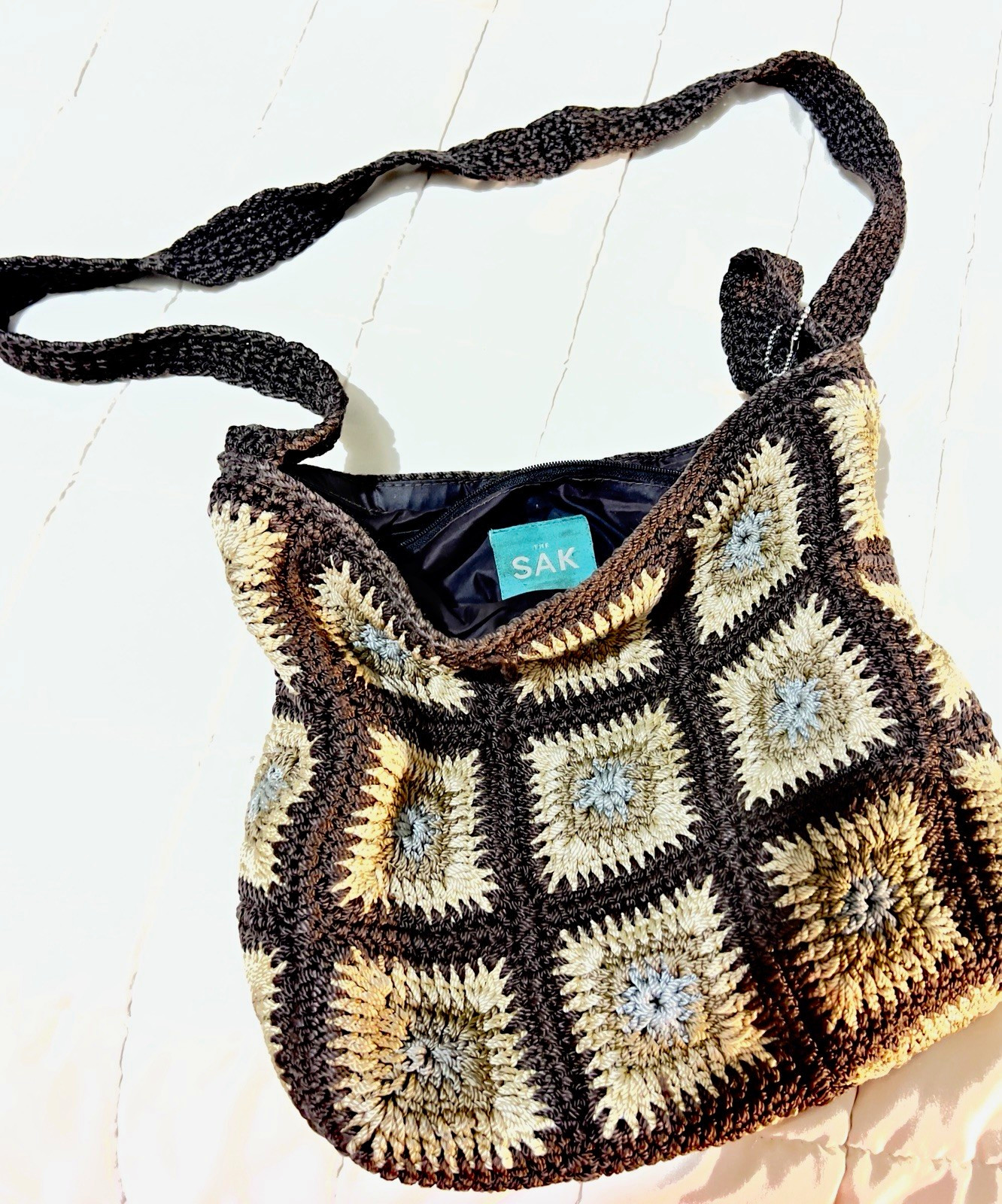 The Sak Women’s Crochet Granny Square Shoulder Bag Zip Lined Brown Beige Blue The Sak Women’s Crochet Granny Square Shoulder Bag Zip Lined Brown Beige Blue