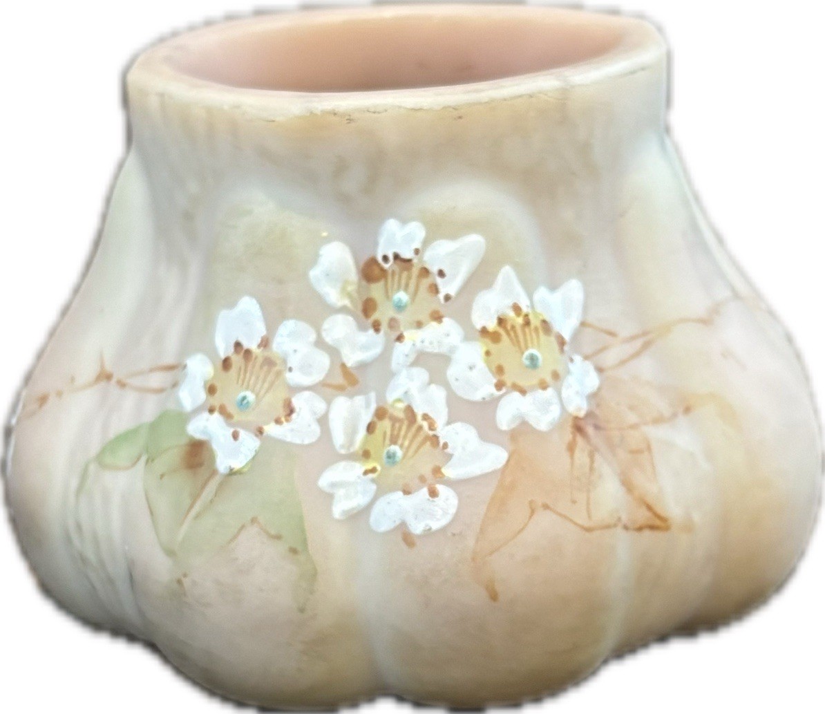 Mt Washington Burmese Glass Fig Toothpick Holder Painted Floral Uranium UV Glow 