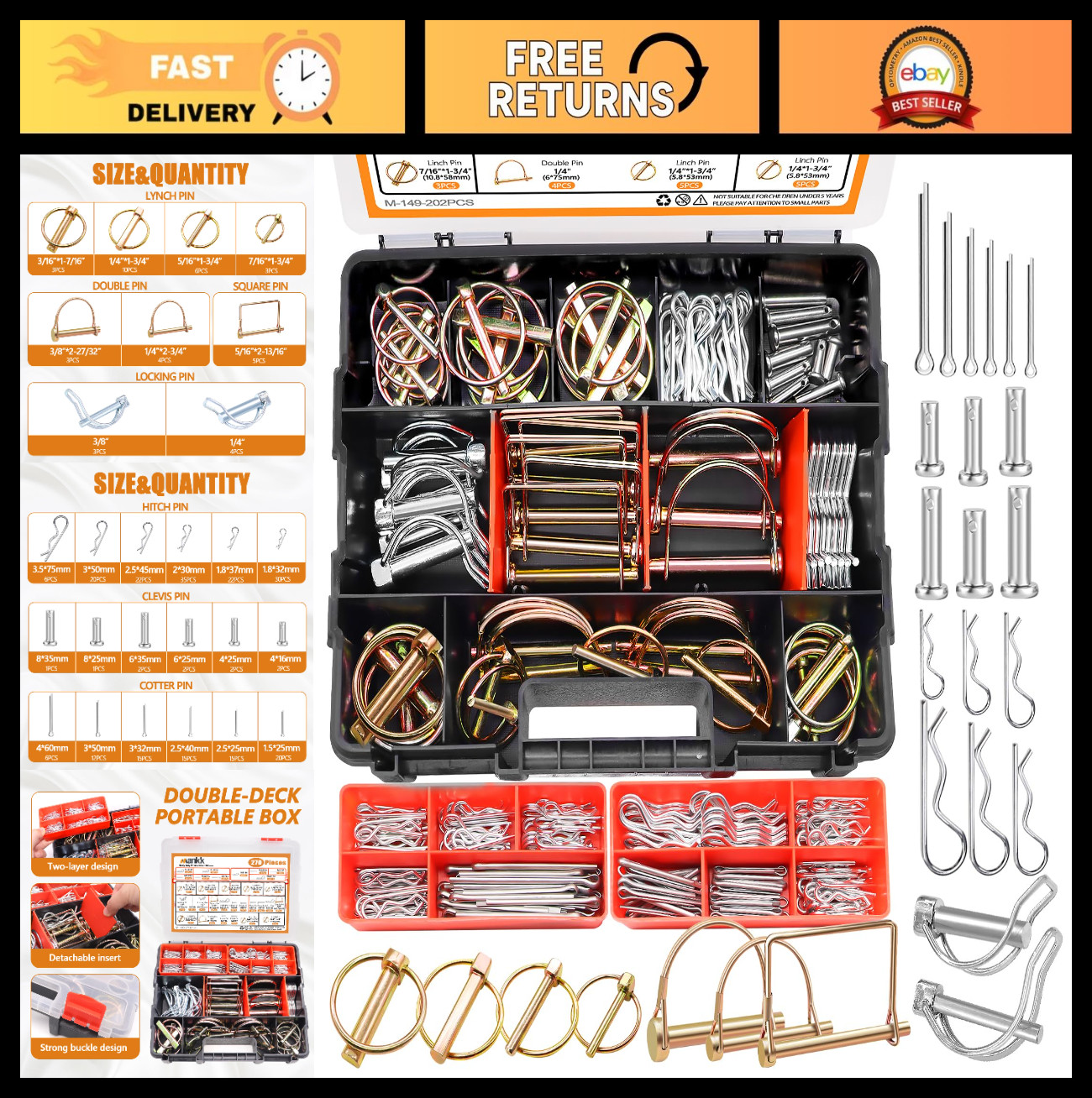 270PCS Heavy Duty Hitch Pin Clip Assortment Kit for Tractors, Trailers, Mowers