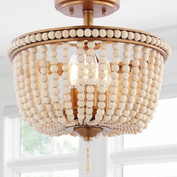 JONATHAN Y Allie 14 in. Wood Beaded/Metal LED Flush Mount, Black /-Light Taupe