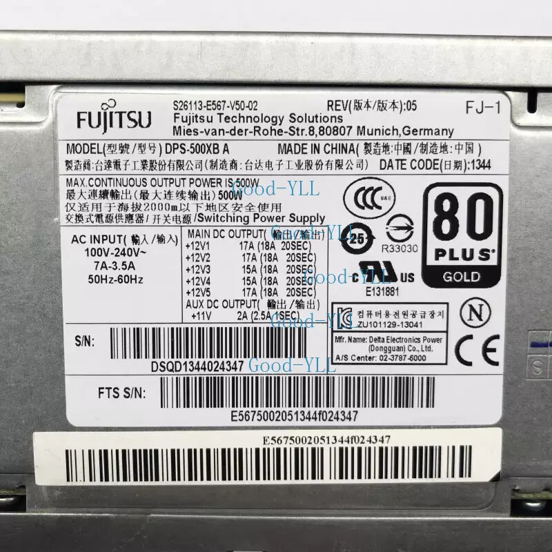 Fujitsu W530 W550 S26113-E567-V50-02 DPS-500XB A 500W Server Power Supply