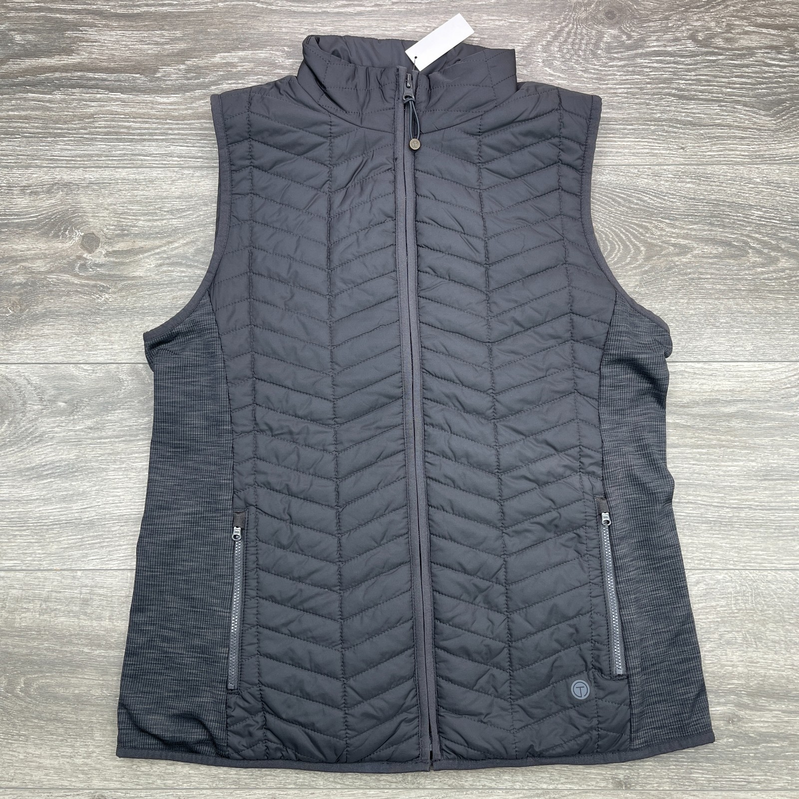 T by Talbots Womens S Black Quilted Vest Full Zip Stretch Side Panels NWT Flaw T by Talbots Womens S Black Quilted Vest Full Zip Stretch Side Panels NWT Flaw