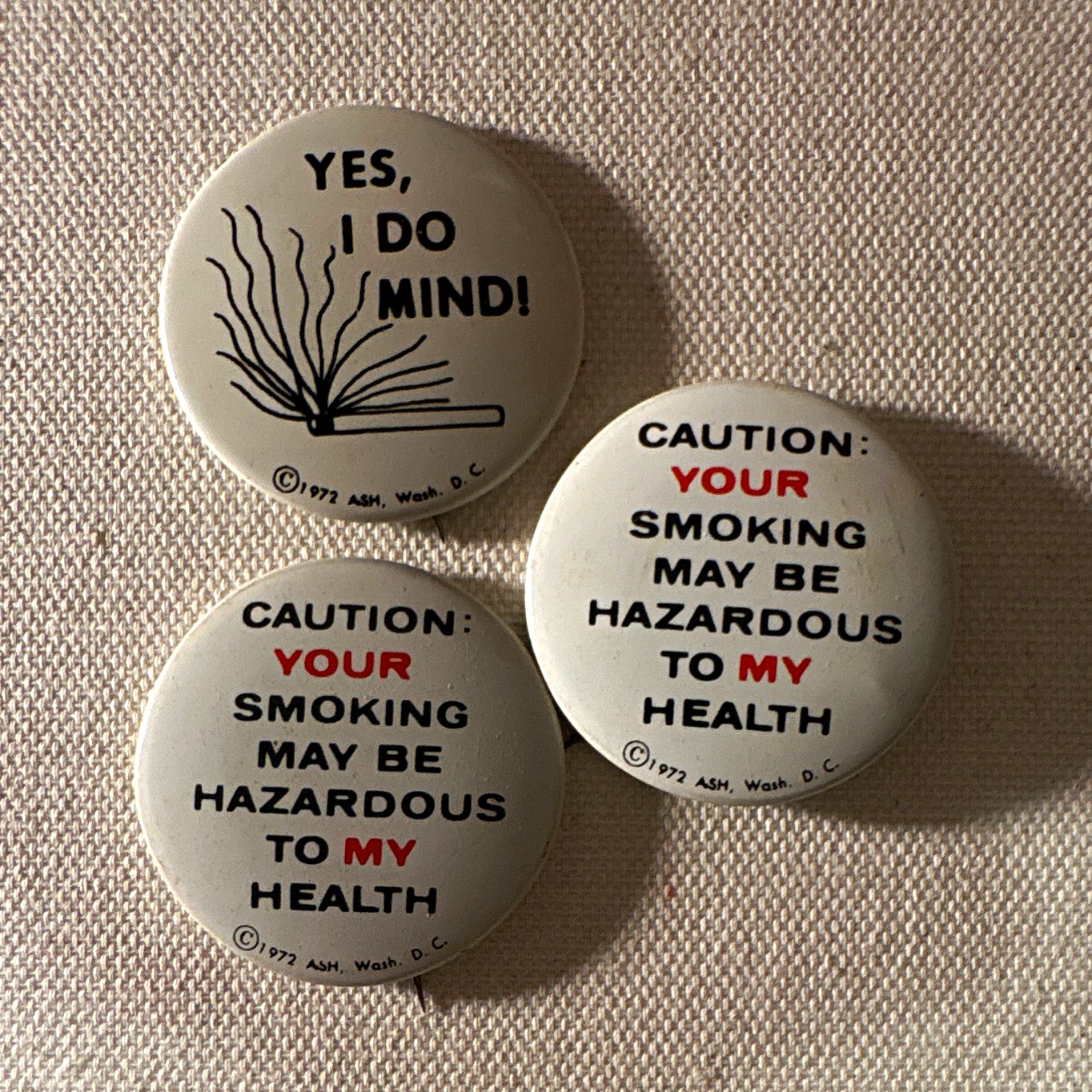Vintage 1972 Anti-Smoking Pinback Buttons - Lot of 3 (ASH, Washington D.C.) Vintage 1972 Anti-Smoking Pinback Buttons - Lot of 3 (ASH, Washington D.C.)