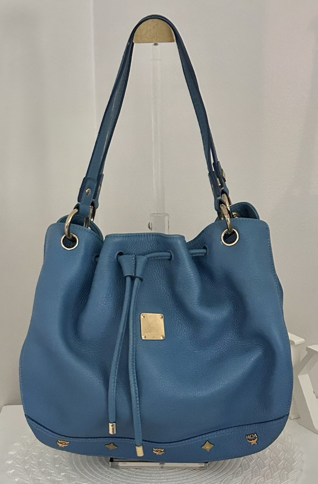 MCM Blue Pebbled Bucket Drawstring Shoulder Top Handled Hobo Bag Authentic