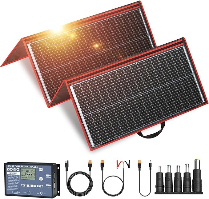 DOKIO 300W Portable Foldable Solar Panel Kit, Compact 19.3x37.4in Design 15.2lb DOKIO 300W Portable Foldable Solar Panel Kit, Compact 19.3x37.4in Design 15.2lb