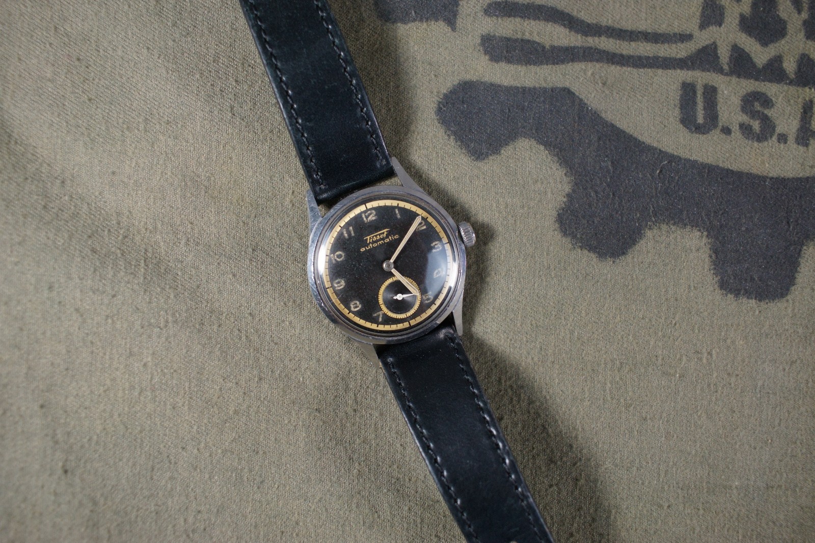 Vintage Tissot 1940s Automatic Black Gilt Military Art Deco 34mm Running Watch Vintage Tissot 1940s Automatic Black Gilt Military Art Deco 34mm Running Watch