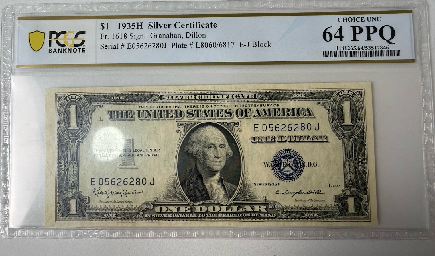 1935H $1 Silver Certificate Uncirculated - Grade 64 PPQ. Slabbed 1935H $1 Silver Certificate Uncirculated - Grade 64 PPQ. Slabbed
