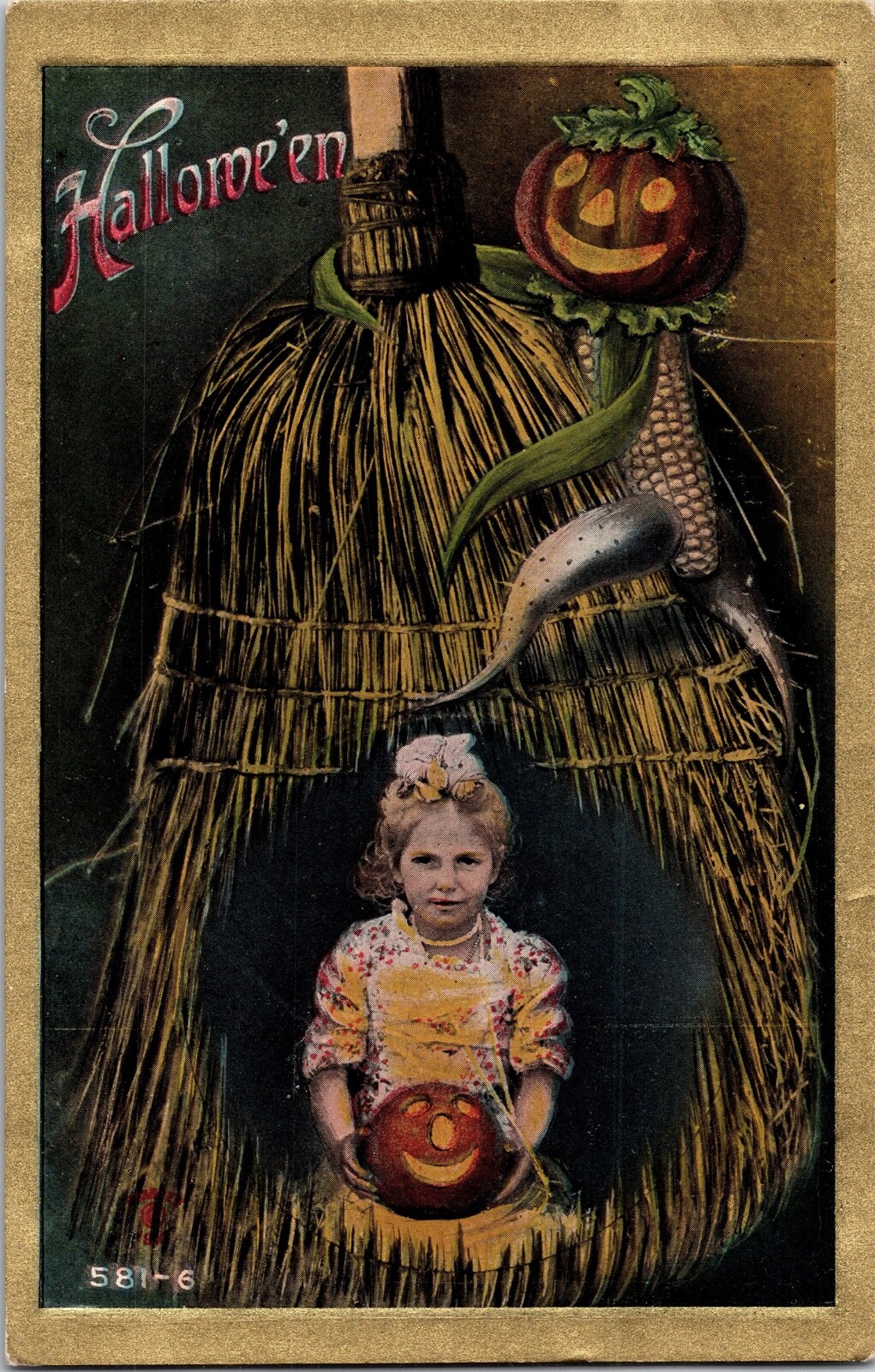 Vintage RPPC Hand Tinted Girl, Pumpkin Man, JOL, Broom Halloween Postcard RARE Vintage RPPC Hand Tinted Girl, Pumpkin Man, JOL, Broom Halloween Postcard RARE