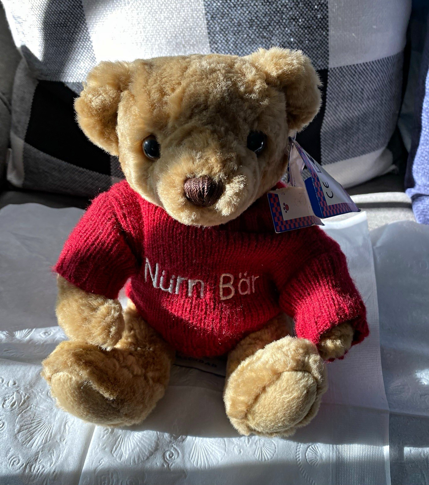 Vintage Kuschelmuschel Nürn Bär Brown Plush Teddy Bear w/ Red Sweater Germany