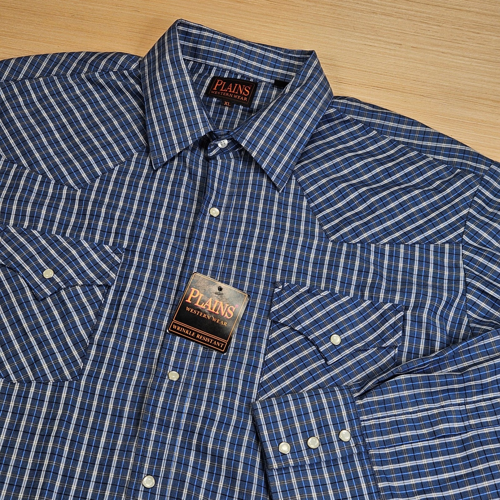Plains  Pearl Snap Western Wear Shirt Mens XL Blue Plaid Long Sleeve NEW
