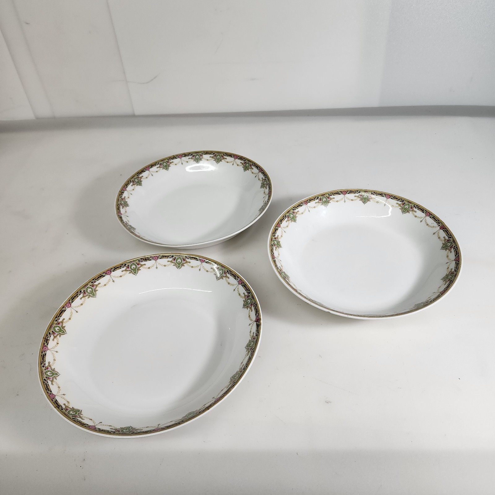 UC Limoges France Bowl Lot 3 Pink Flower Green Gold Rim 7.25\