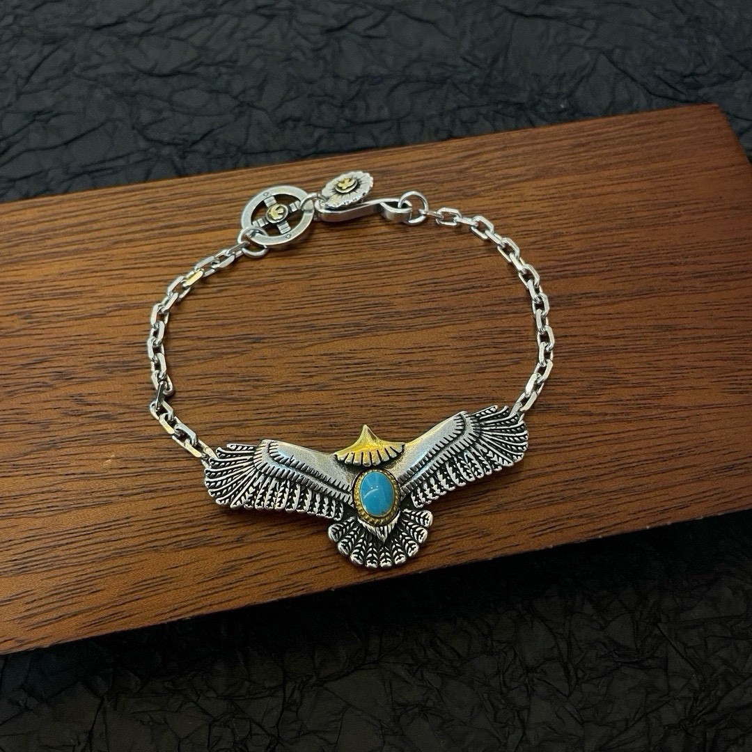 Goro\'s Vintage Eagle Bracelet Turquoise Inlay Two Tone Silver Chain Punk Rock Goro\'s Vintage Eagle Bracelet Turquoise Inlay Two Tone Silver Chain Punk Rock