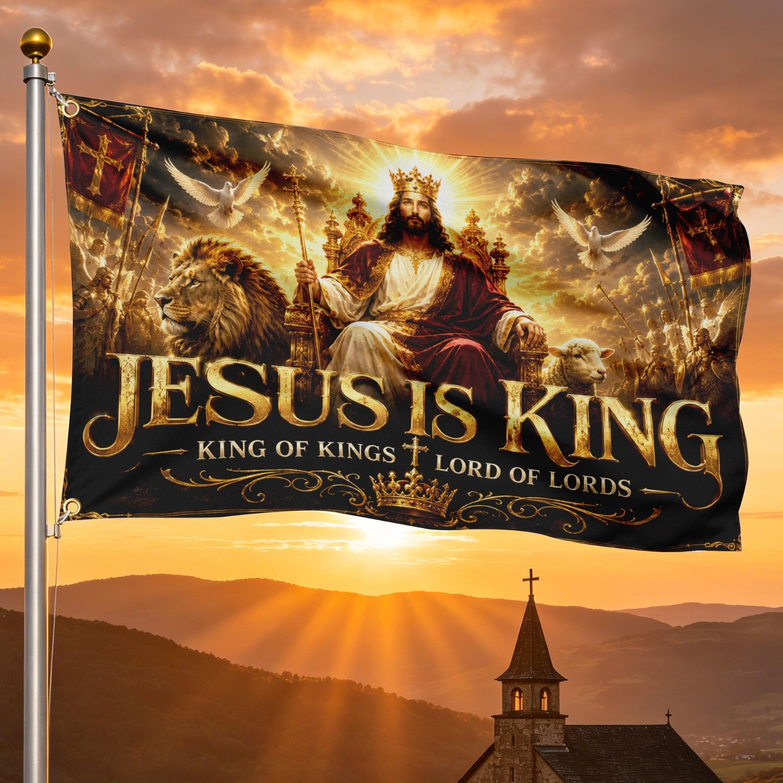 Christian Flag 3x5 Ft - Jesus Is King Banner, Worship Decor, Lion & Lamb Art, Ou
