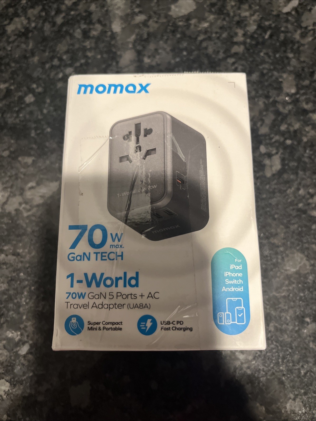 Momax 1-World 70w GaN Universal Travel UK EU AU US Multi Plug Adapter Black. NEW