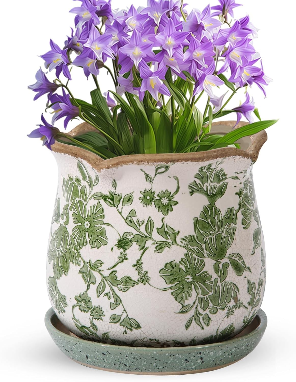 Ceramic-Planters-for-Indoor-Plants with Saucer, 6 inch Vintage Ice Crack Glaz...