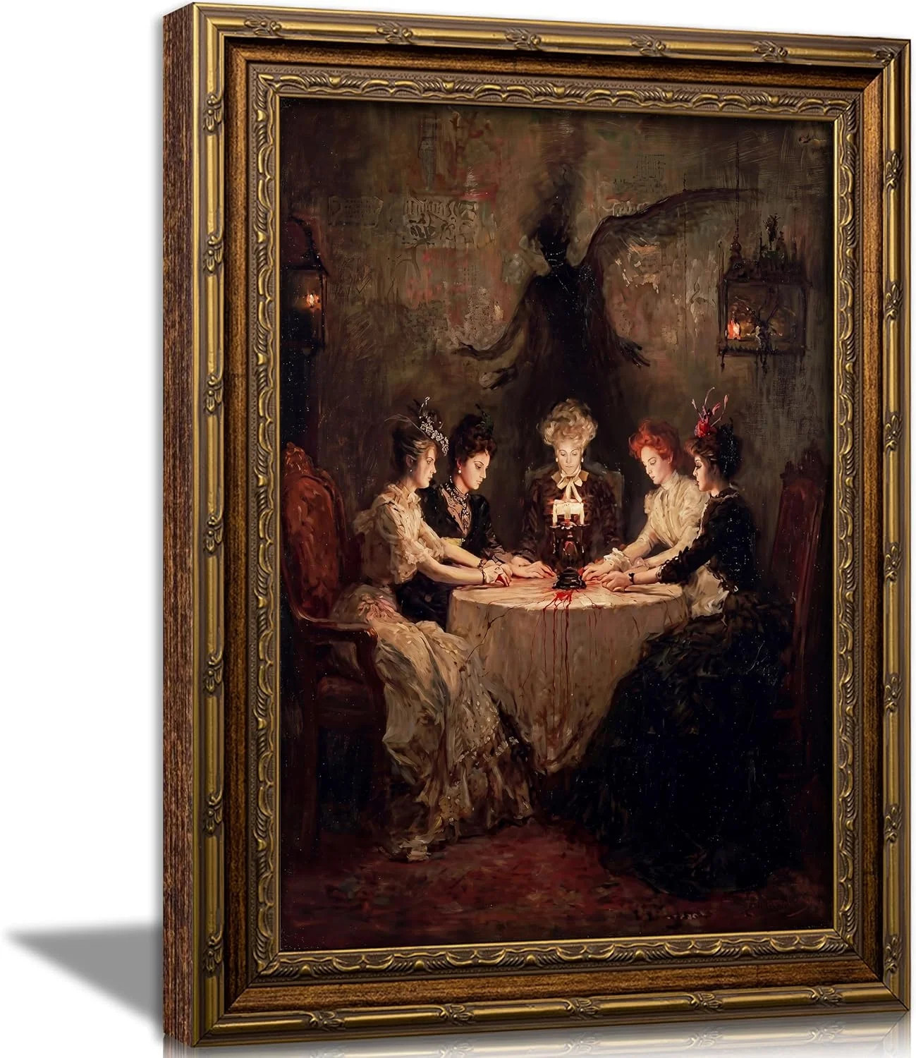 Vintage Gold Framed Gothic Wall Art, Victorian Seance Witch Oil Painting Canvas Vintage Gold Framed Gothic Wall Art, Victorian Seance Witch Oil Painting Canvas