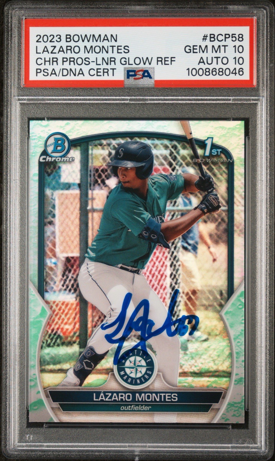 Lazaro Montes Signed 2023 Bowman Chrome Lunar Glow Refractor PSA 10/10 LOW POP Lazaro Montes Signed 2023 Bowman Chrome Lunar Glow Refractor PSA 10/10 LOW POP