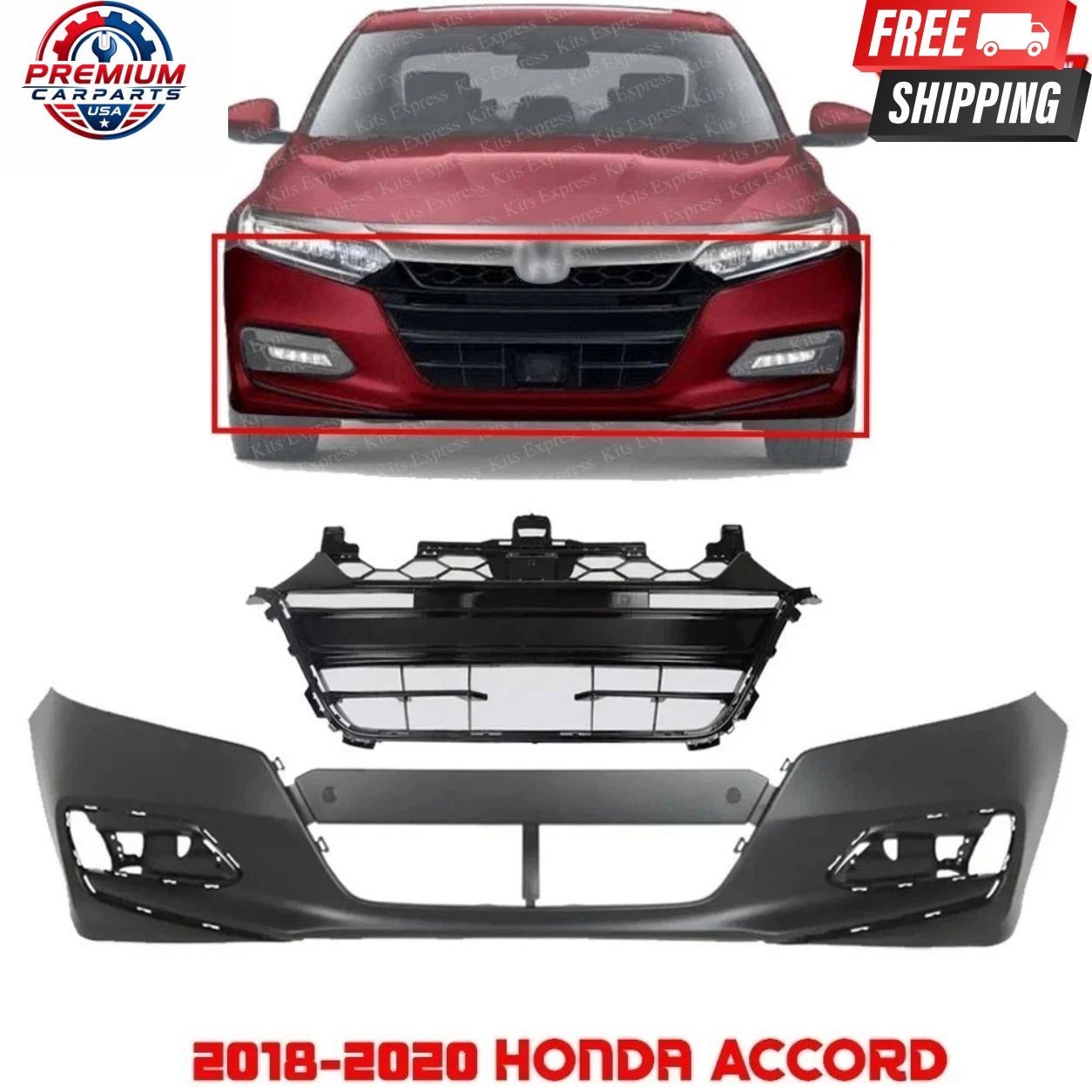Front Bumper Cover Primed & Grille Assembly Kit For 2018-2020 Honda Accord