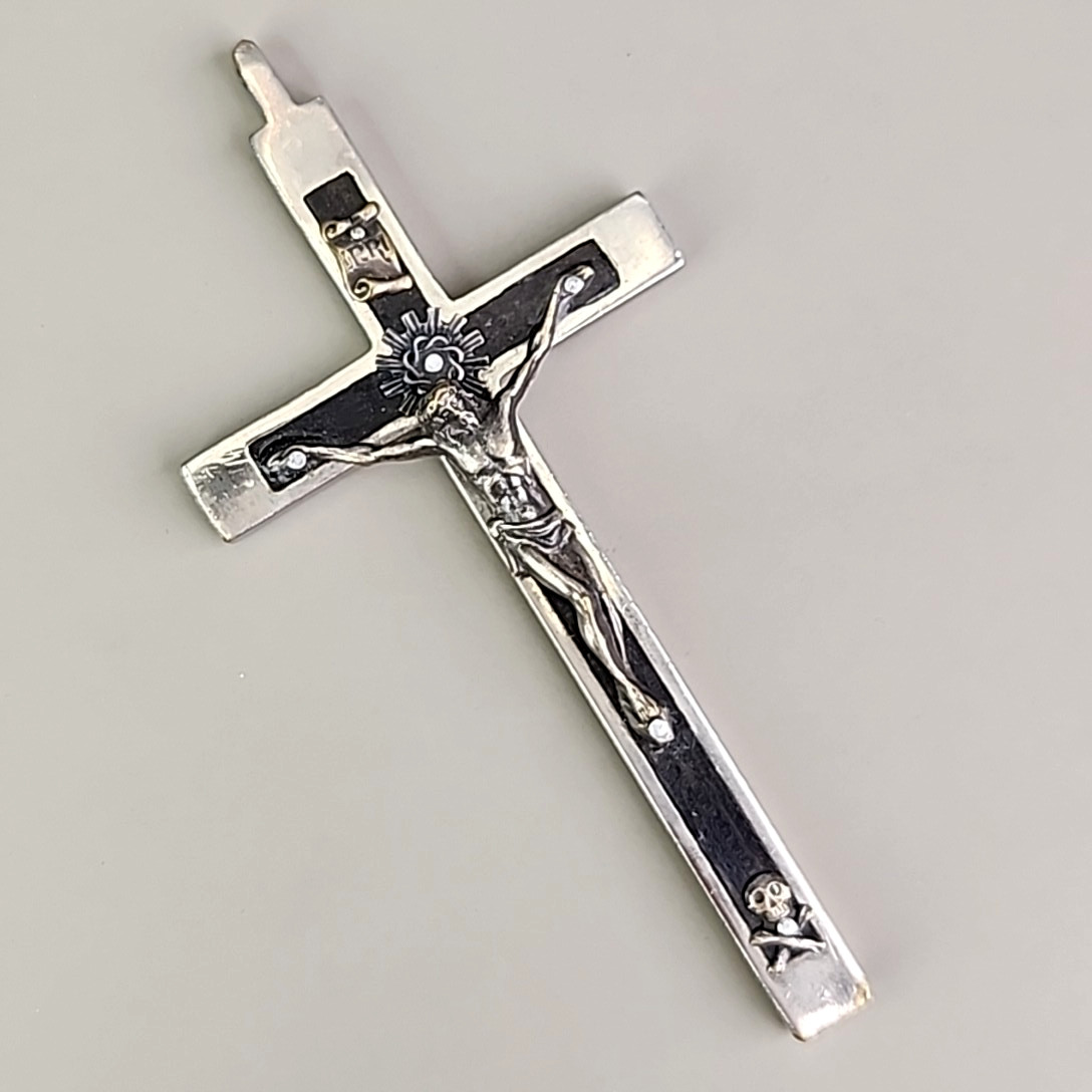 Vintage Pectoral Crucifix Ebony Wood Cross Silver Tone Metal 4.75\