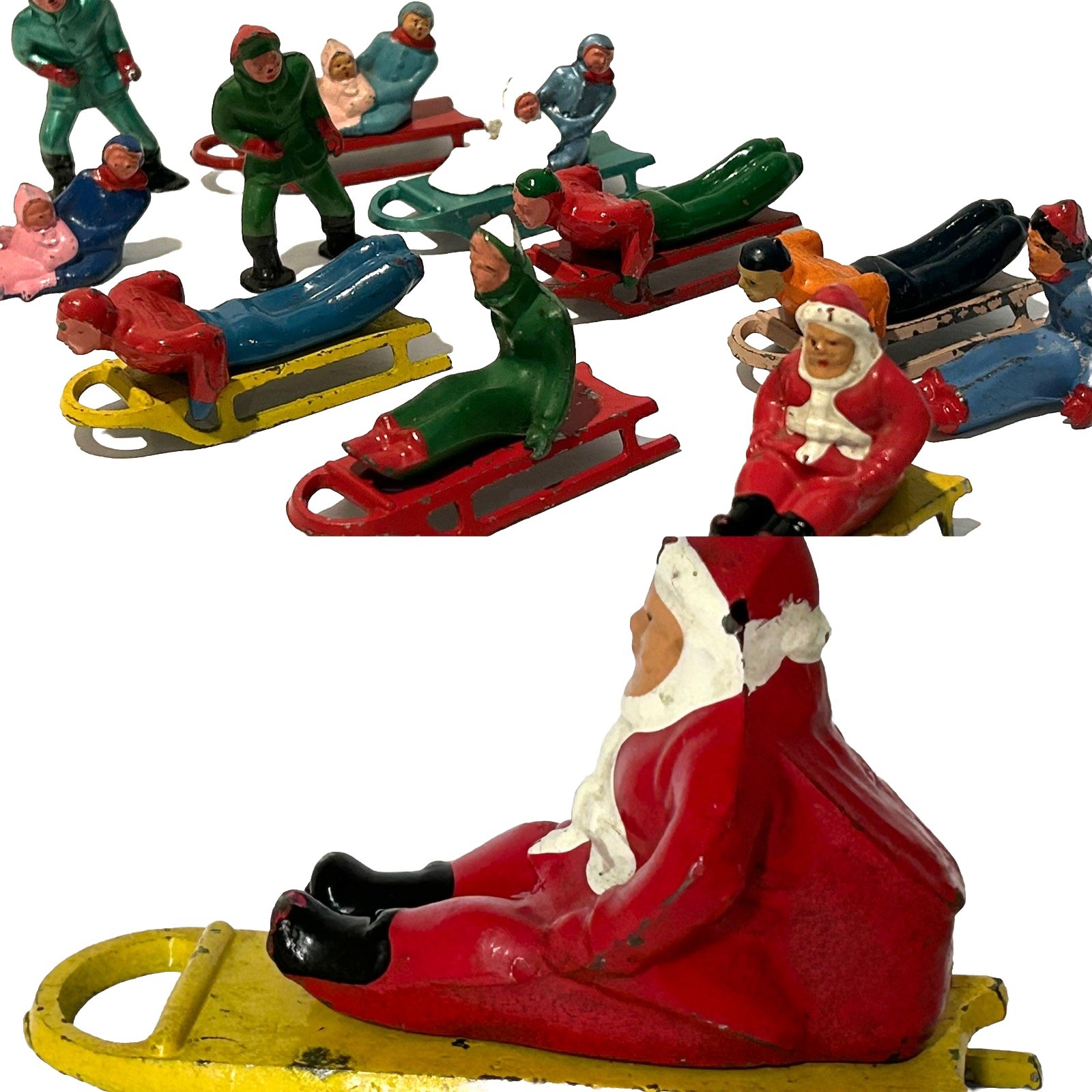 18 Vintage Barclay Cast Metal Winter Toy Figures 7 Sleds Santa Men Pull Sleds