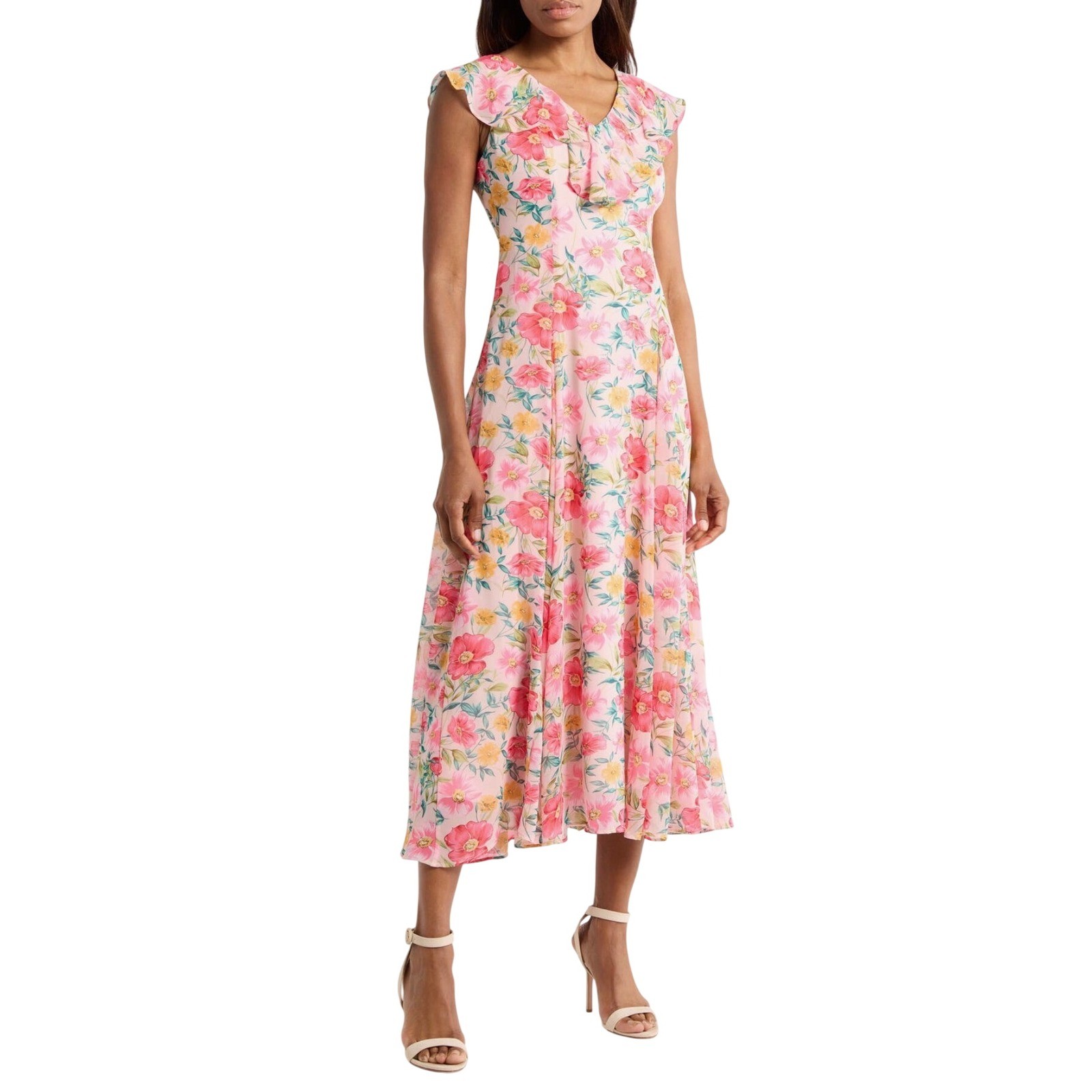 WAYF Ruffle Godet Midi Dress Pink Red Poppies Floral Chiffon Medium WAYF Ruffle Godet Midi Dress Pink Red Poppies Floral Chiffon Medium