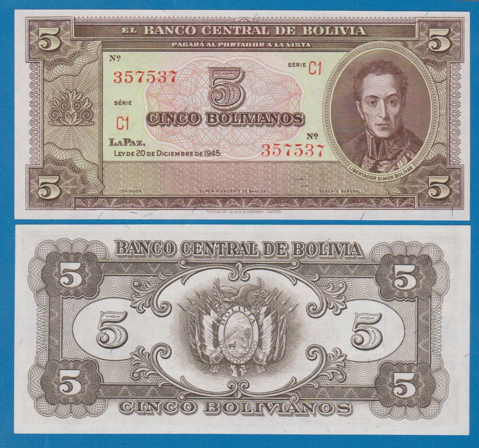 Bolivia 5 Bolivianos P 138d Law of 1945 UNC Series C1  ( P 138 d )
