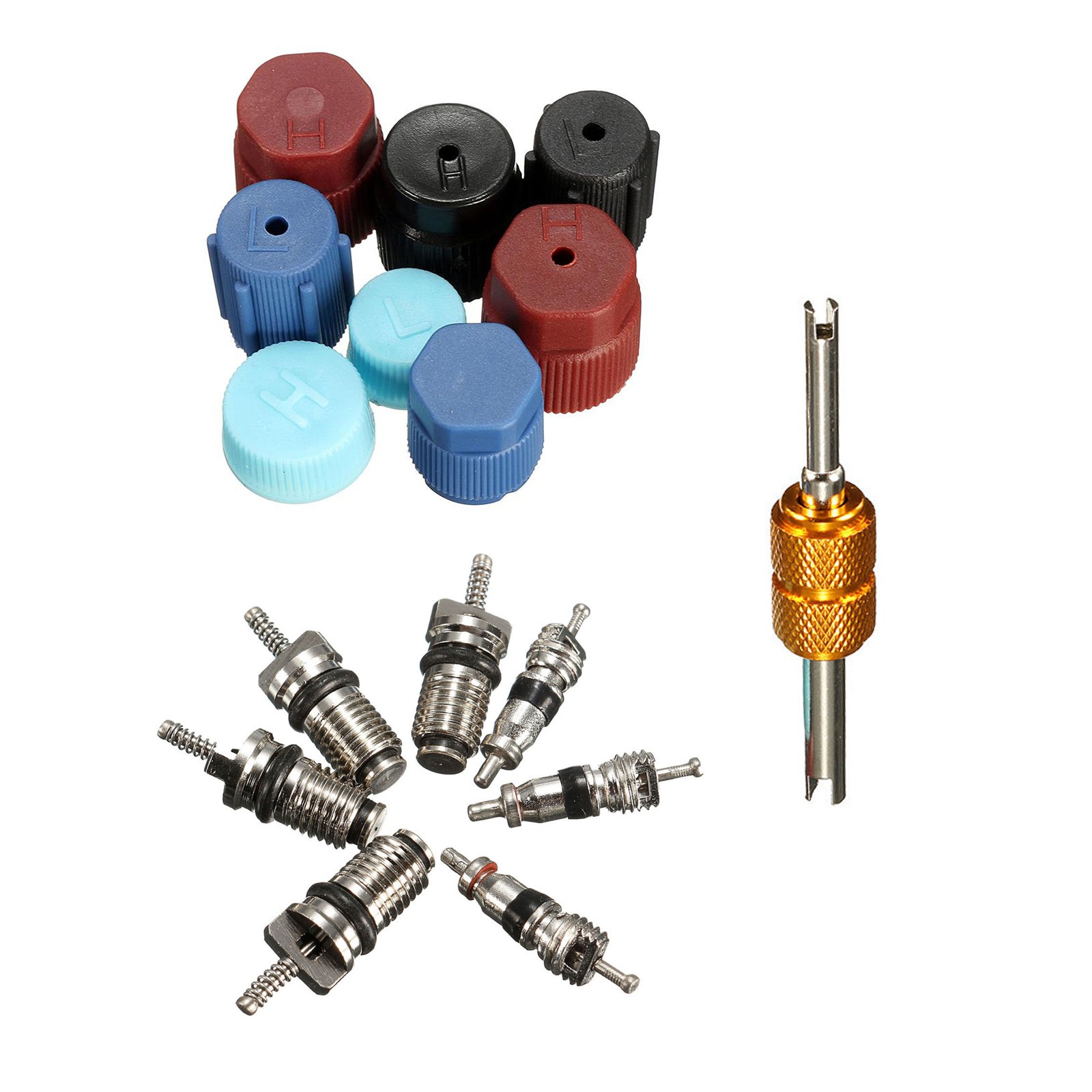 16PACK A/C Valve Core Kit AC System Cap & Valve Stem Cores Seal Remover Tool