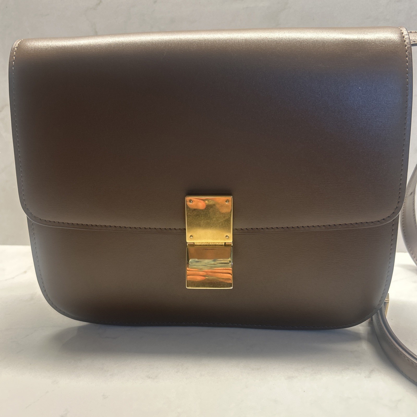 Celine Classic Box Bag Medium Camel Box Calfskin Gold Hardware Authentic