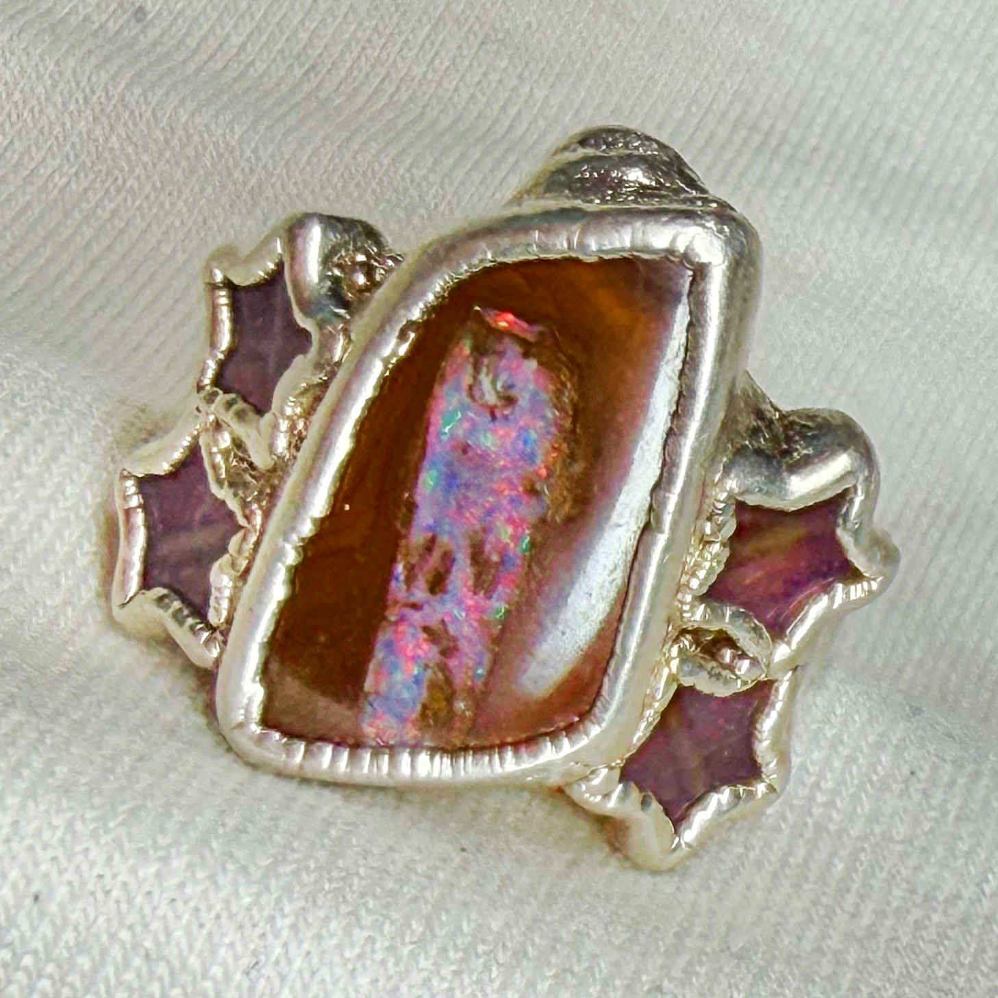 Steven Ruse Design, one-of-a-kind design. Boulder Opal w pink tourmaline stars￼￼