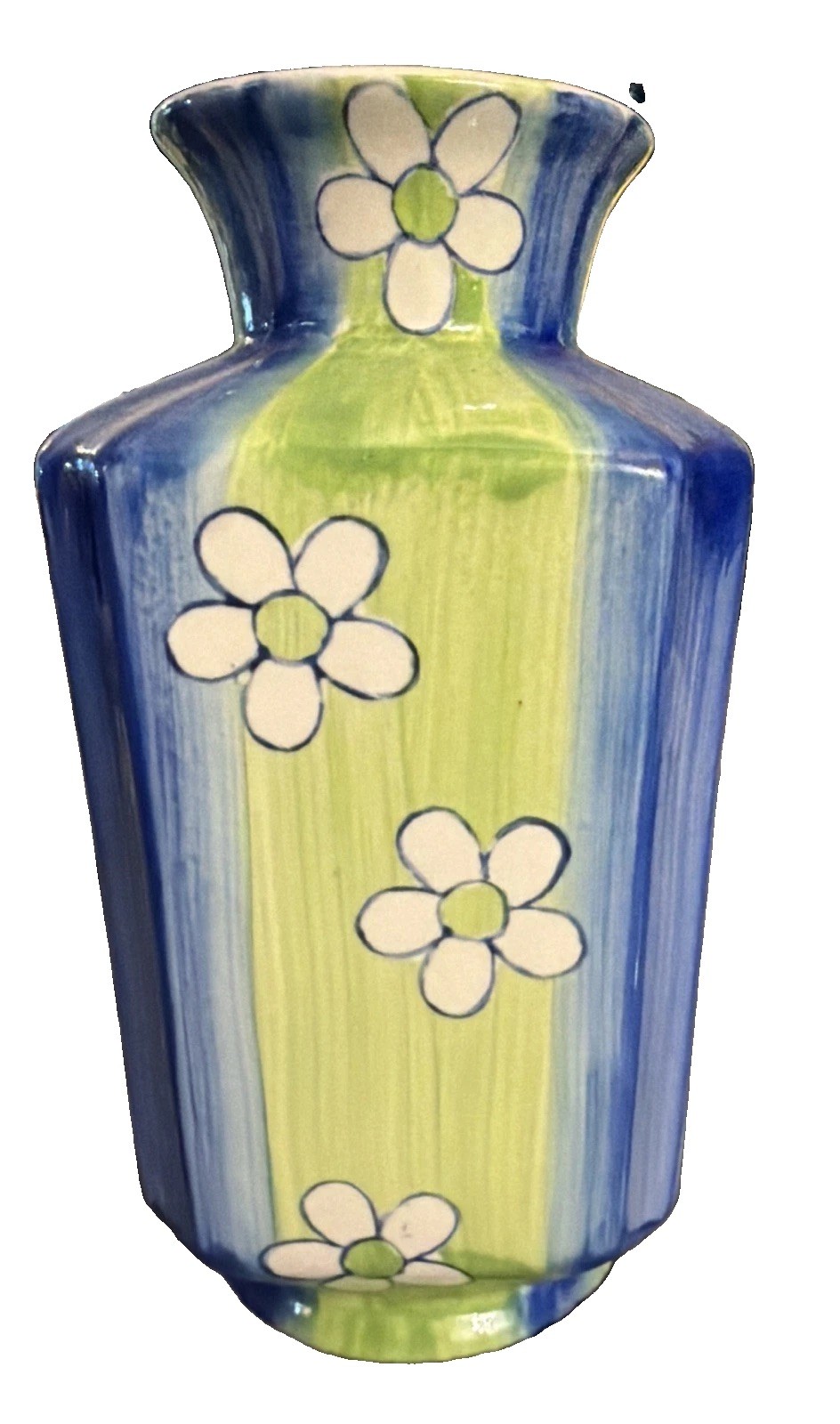 (2000s) Vintage Striped Daisy Motif Ceramic Vase – Hand-Painted Retro (2000s) Vintage Striped Daisy Motif Ceramic Vase – Hand-Painted Retro