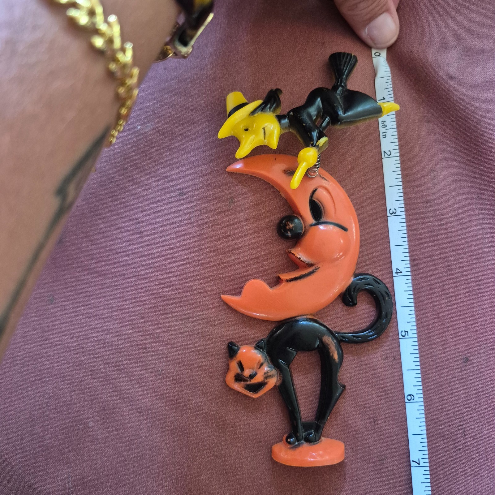 Vintage 1950's Rosbro Halloween Plastic Witch,Moon,Black Cat Decoration
