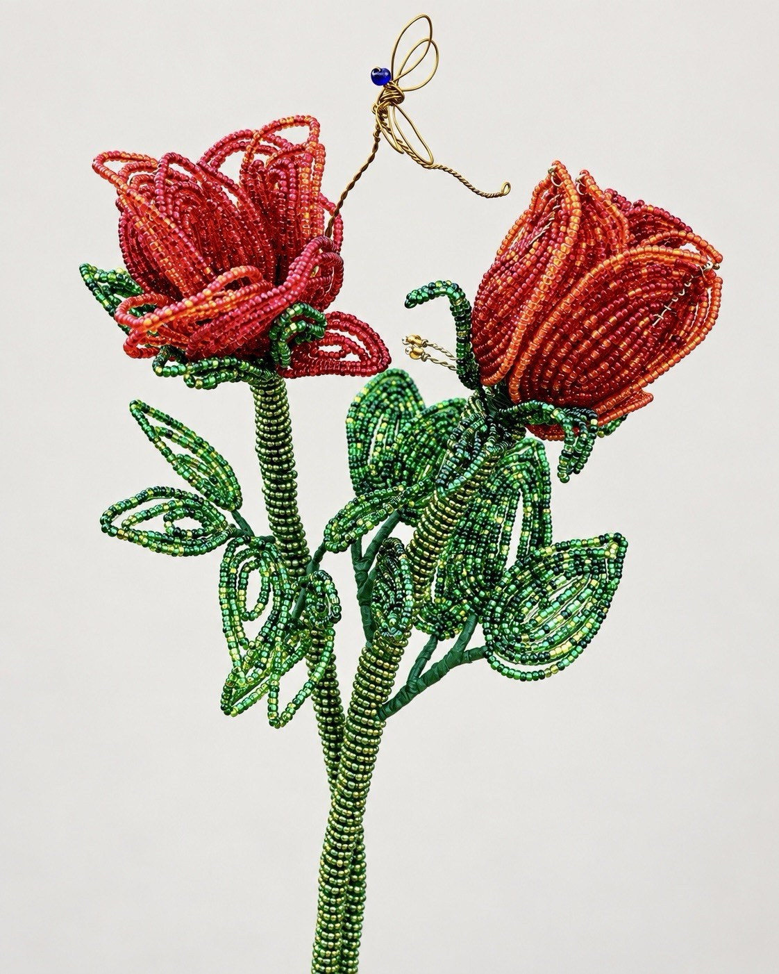 Vintage French Beaded Flower Pair – Red Roses with Green Leaves