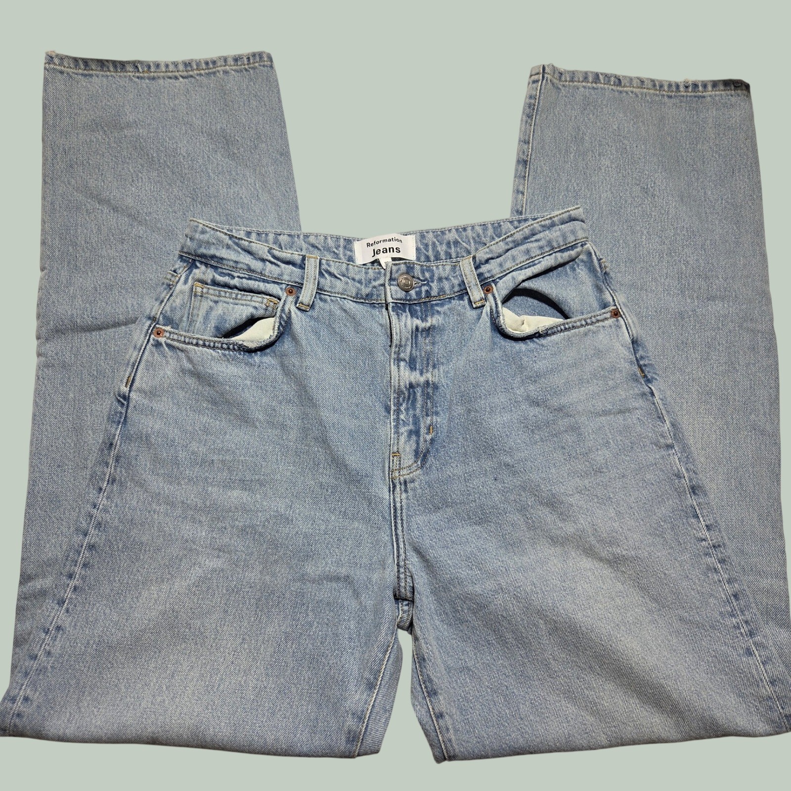 Reformation Preston Baggy High Rise Cuffed Straight Jeans Light Wash Denim 29