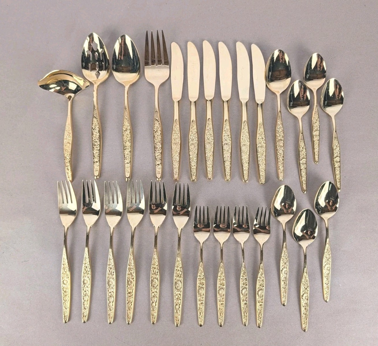 Vintage MCM 27 Piece Riviera Floral Stainless Japan Flatware Gold Electroplate