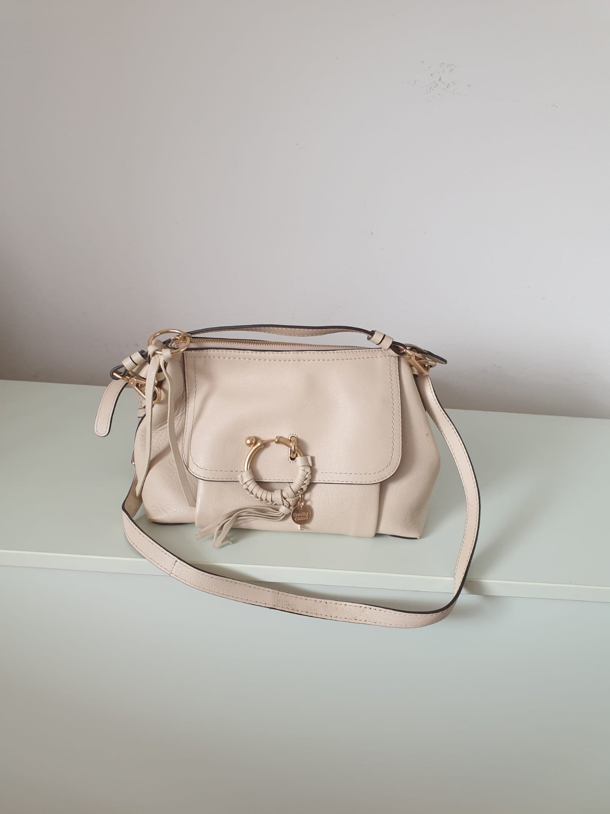 See by Chloe Joan Shoulder Bag Cream Beige Grained Leather Ring Tassel Crossbody