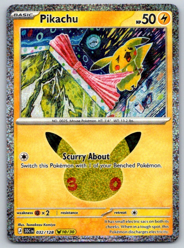 Pikachu Holo ME: 30th Celebration 032/128 Pokemon Card NM Pikachu Holo ME: 30th Celebration 032/128 Pokemon Card NM